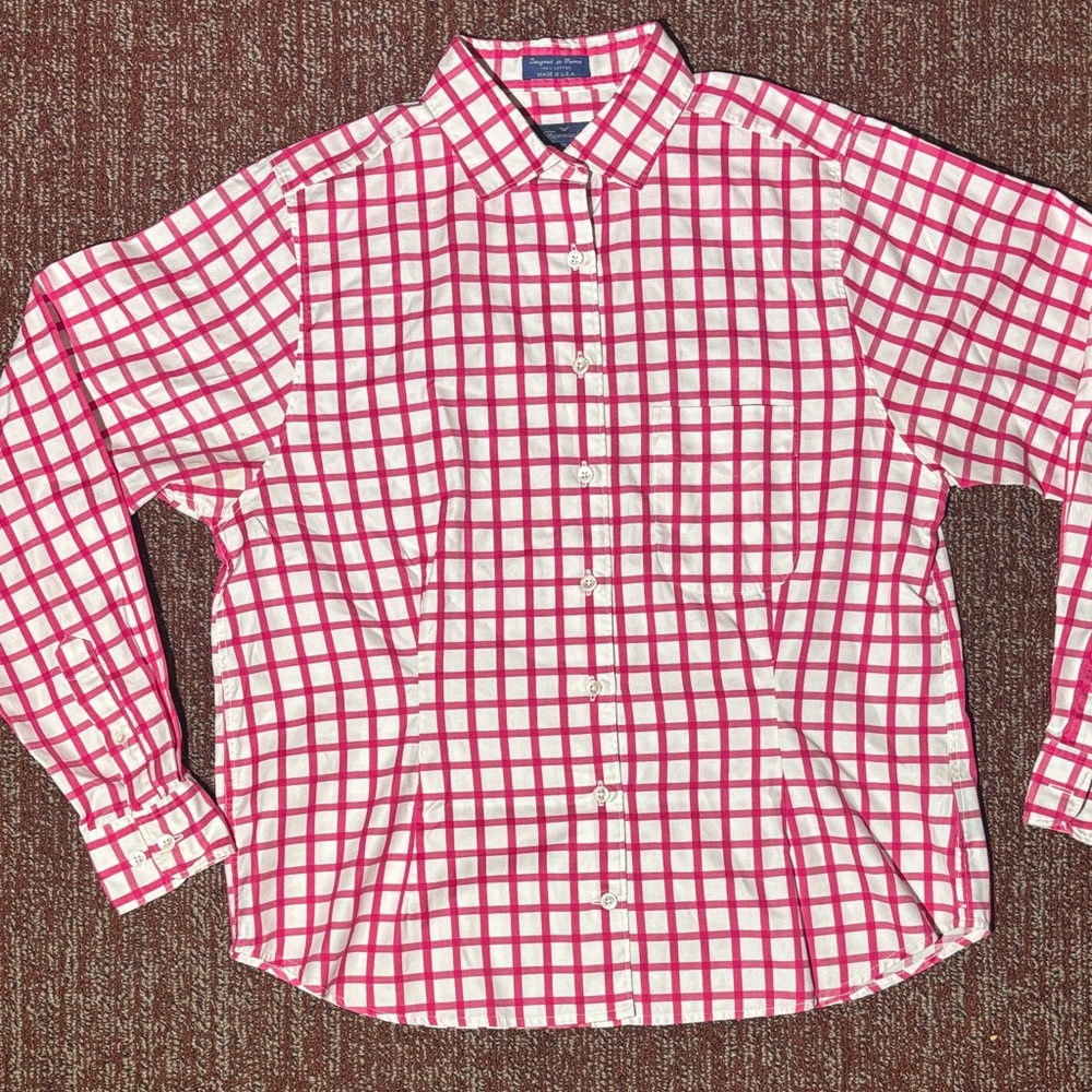 Faconnable Pink and White Plaid Shirt women’s collared button down blouse large